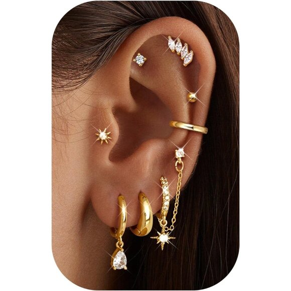 ⚡Gold Plated Hoop Stud and Chain Earrings Set for Women Fashion Jewelry Multiple - Picture 1 of 6
